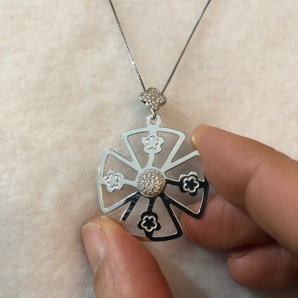 925 Sterling Silver Necklace Chain 19” Big Pendant White CZ Turkish Handmade - Picture 6 of 9